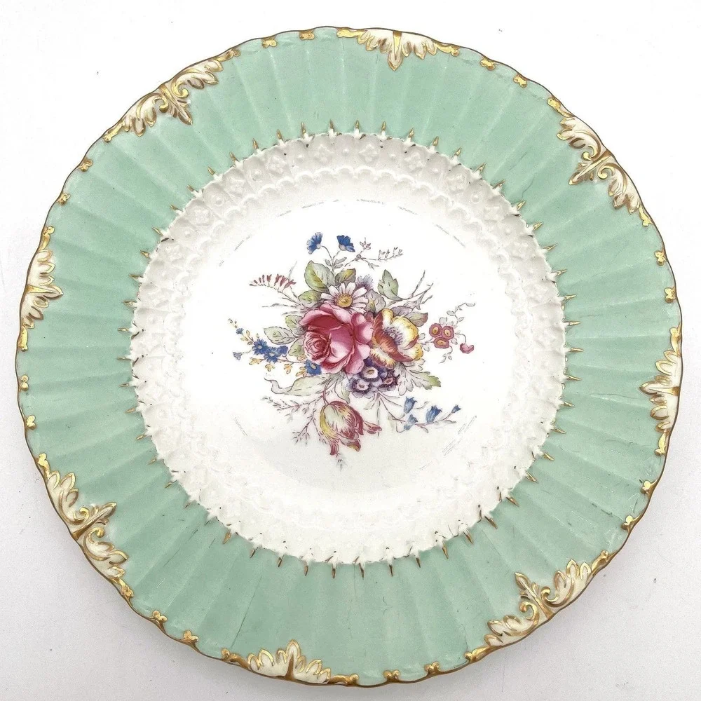 Royal Crown Derby E. Ellis Hand Painted Floral Cabinet Plates Set 2 Green Gilt